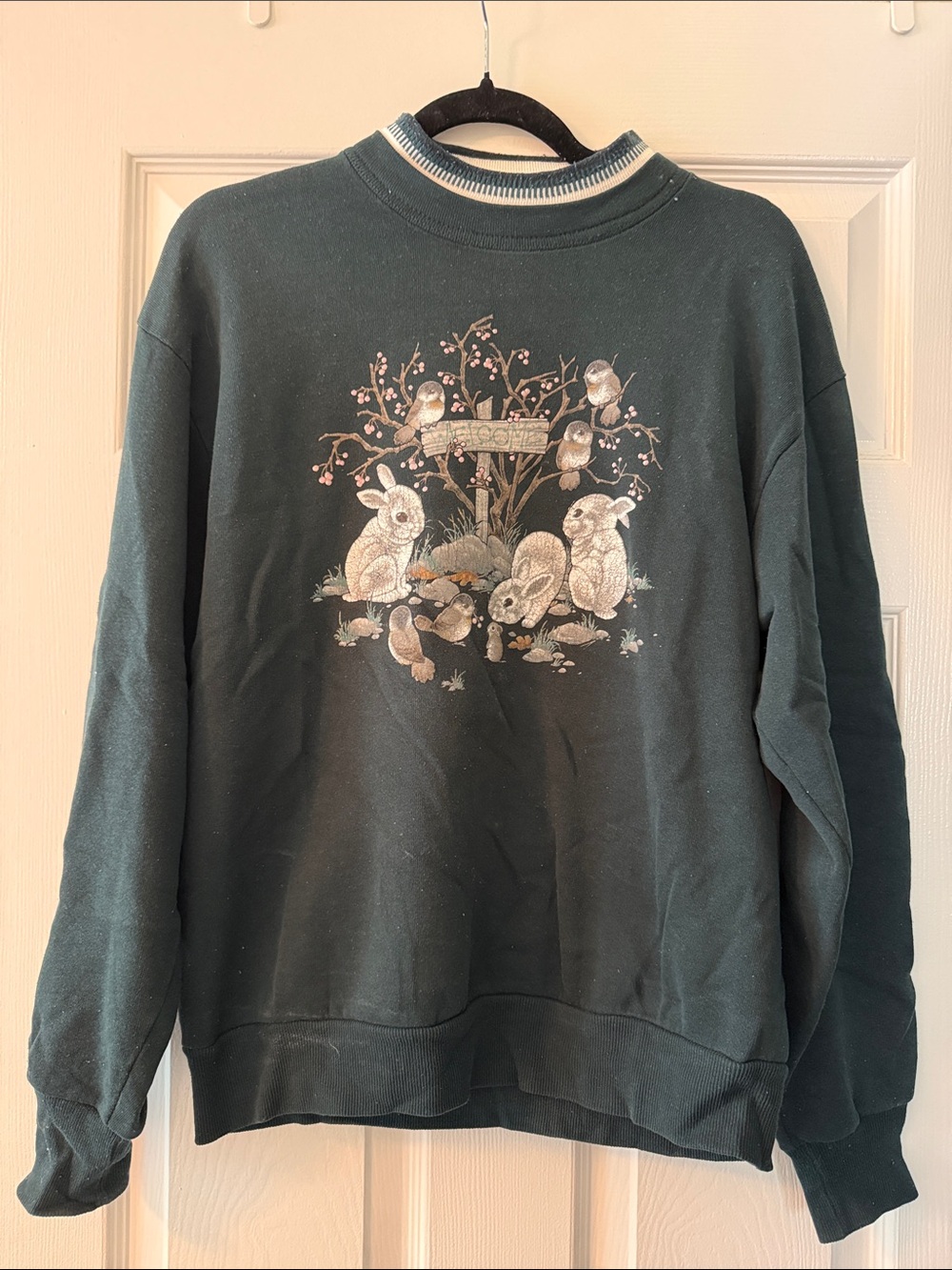 Women's Dark Green Crewneck Sweater with Rabbit & Bird Graphic